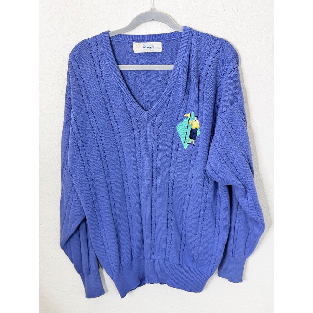 Pringle Of Scotland Cable Knit‎ Golf Sweater Mans M Cotton Blue Embroidered Logo